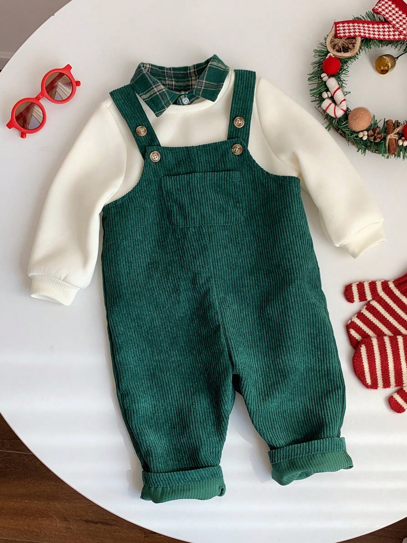 Ensemble sweat thermique et salopette en velours côtelé à carreaux pour bébé garçon