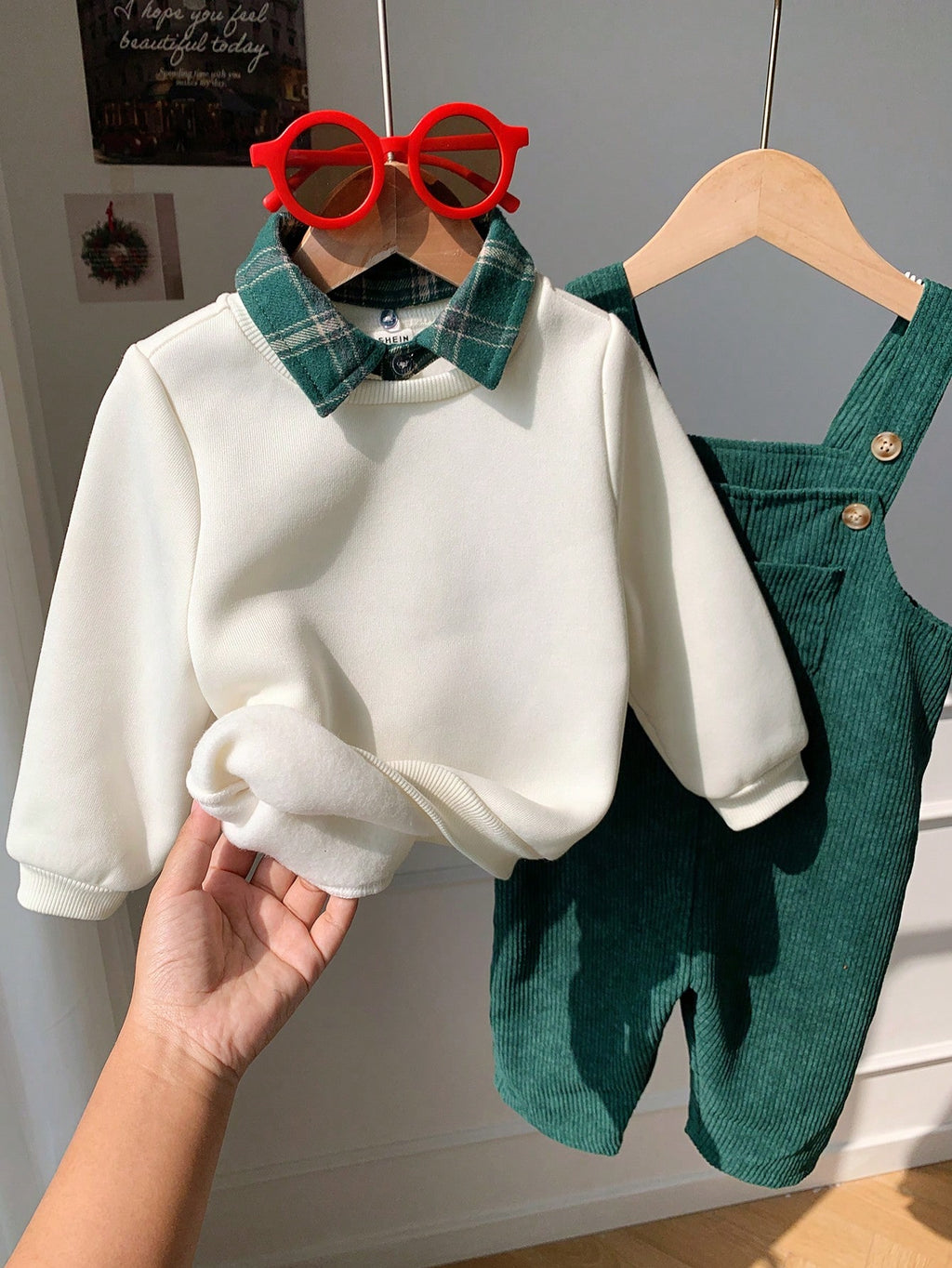 Ensemble sweat thermique et salopette en velours côtelé à carreaux pour bébé garçon