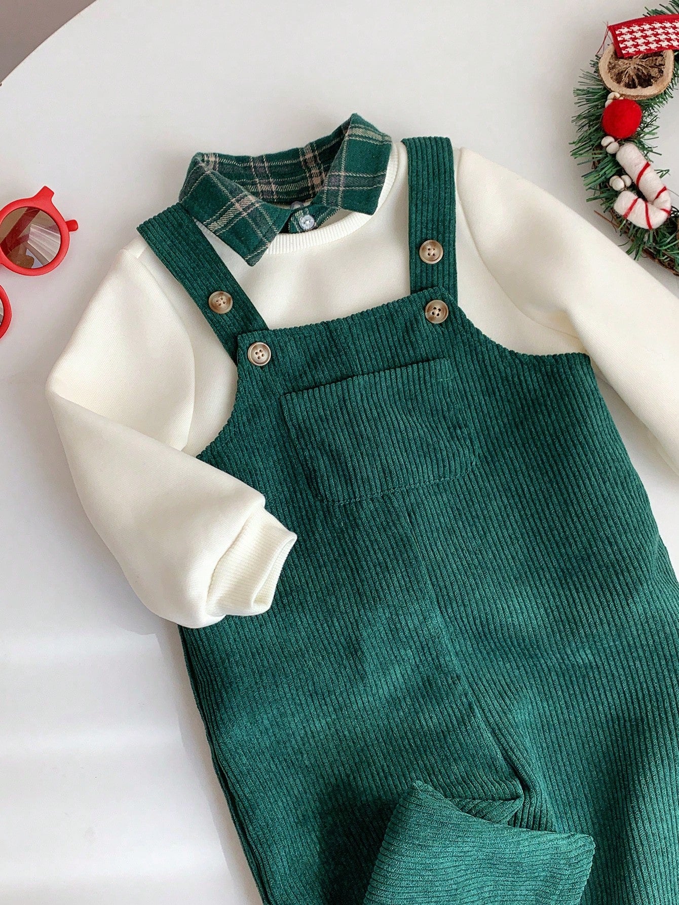 Ensemble sweat thermique et salopette en velours côtelé à carreaux pour bébé garçon