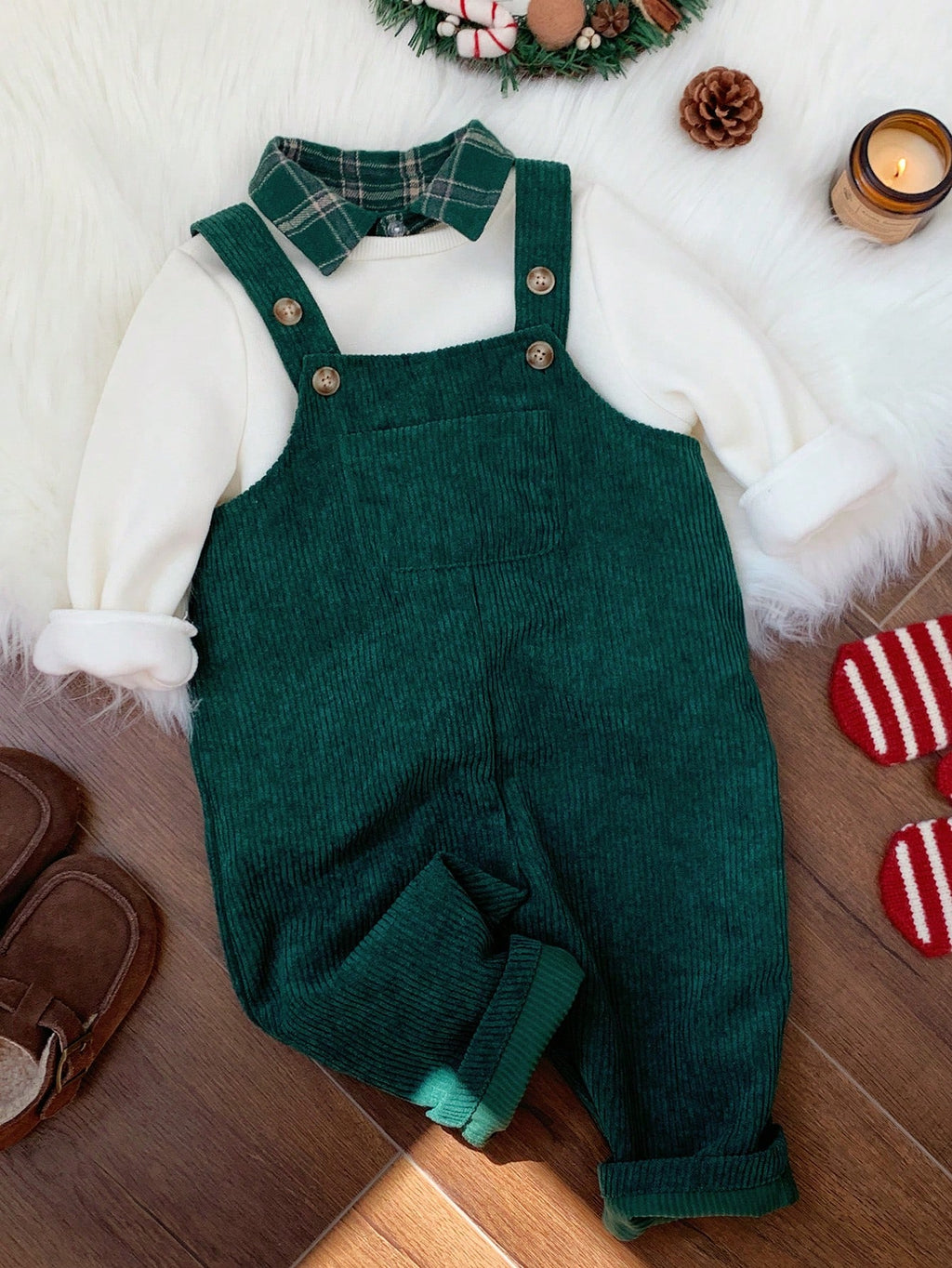 Ensemble sweat thermique et salopette en velours côtelé à carreaux pour bébé garçon
