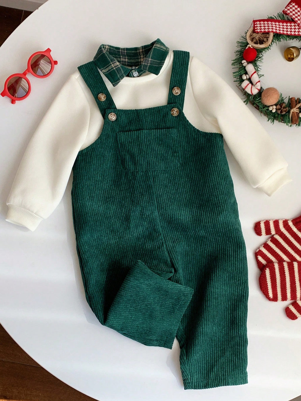 Ensemble sweat thermique et salopette en velours côtelé à carreaux pour bébé garçon