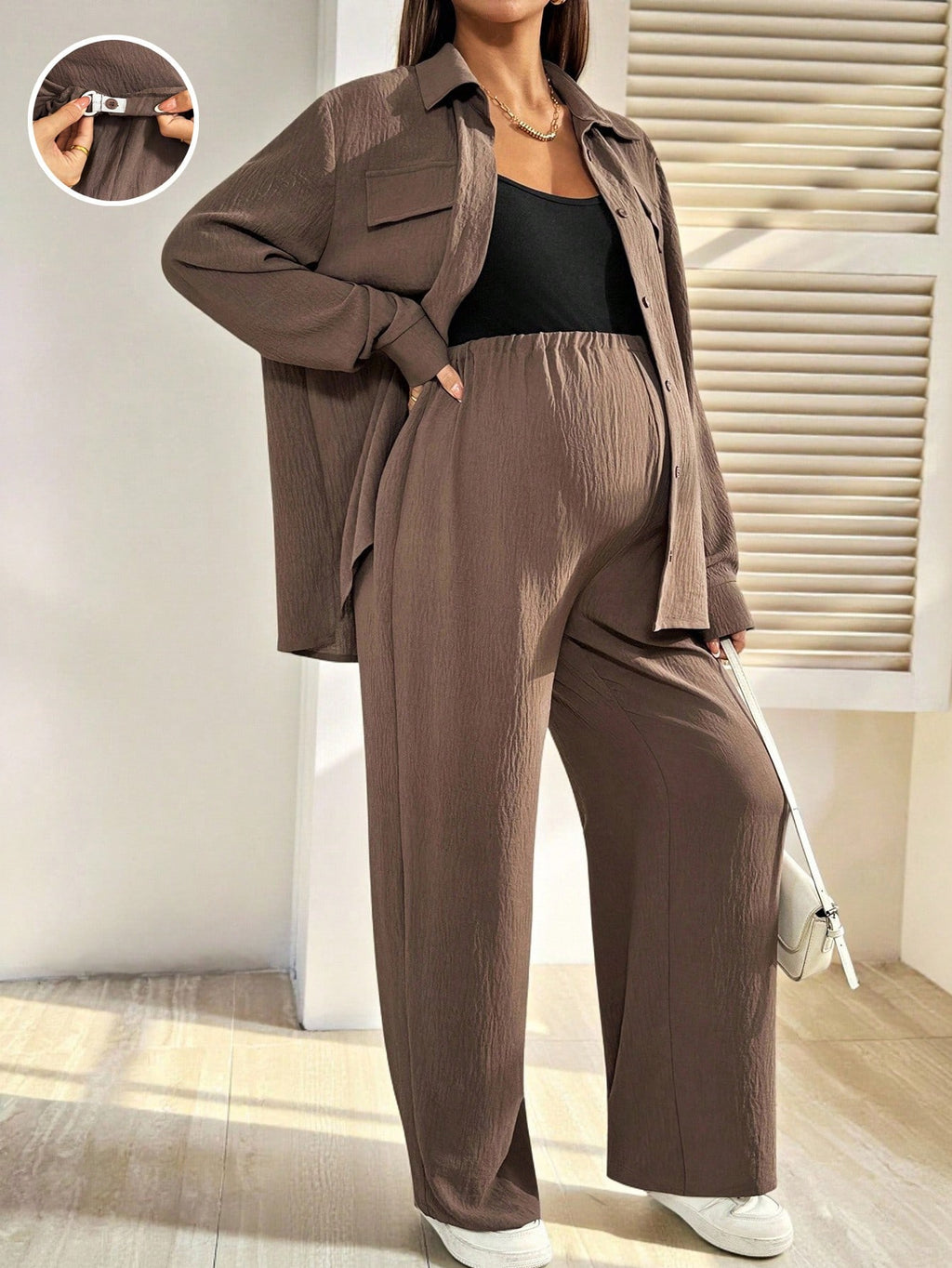 Maternity Button-Up Shirt & Adjustable Pants Set Brown