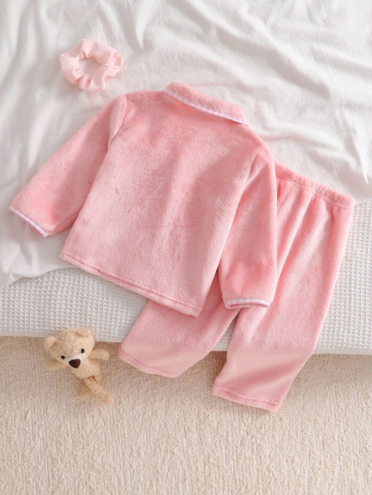 Baby Girl Plush Lapel Fleece Cardigan Pants Pajama Set
