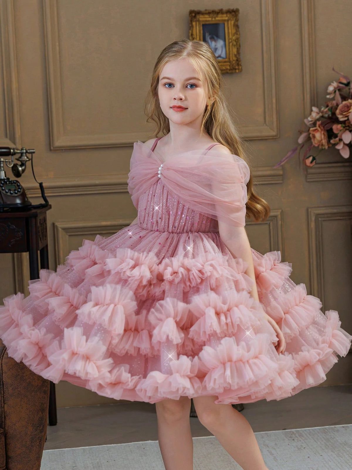 Young Girl Glitter Puff Mesh Floral Print Ball Dress