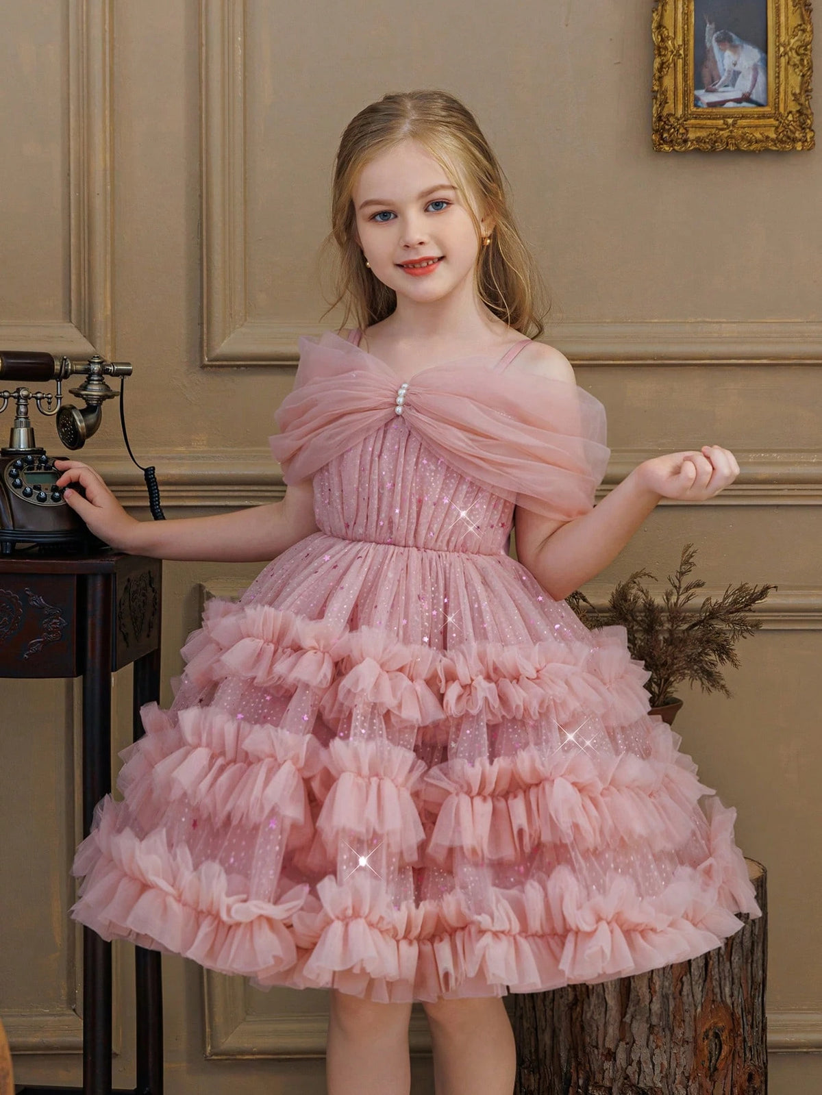 Young Girl Glitter Puff Mesh Floral Print Ball Dress