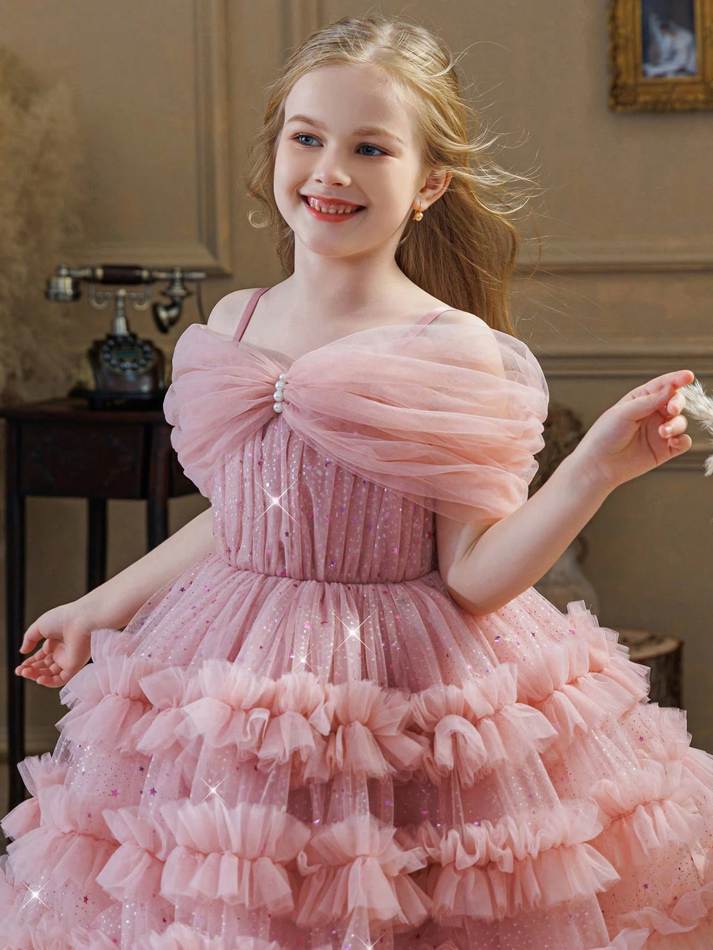 Young Girl Glitter Puff Mesh Floral Print Ball Dress