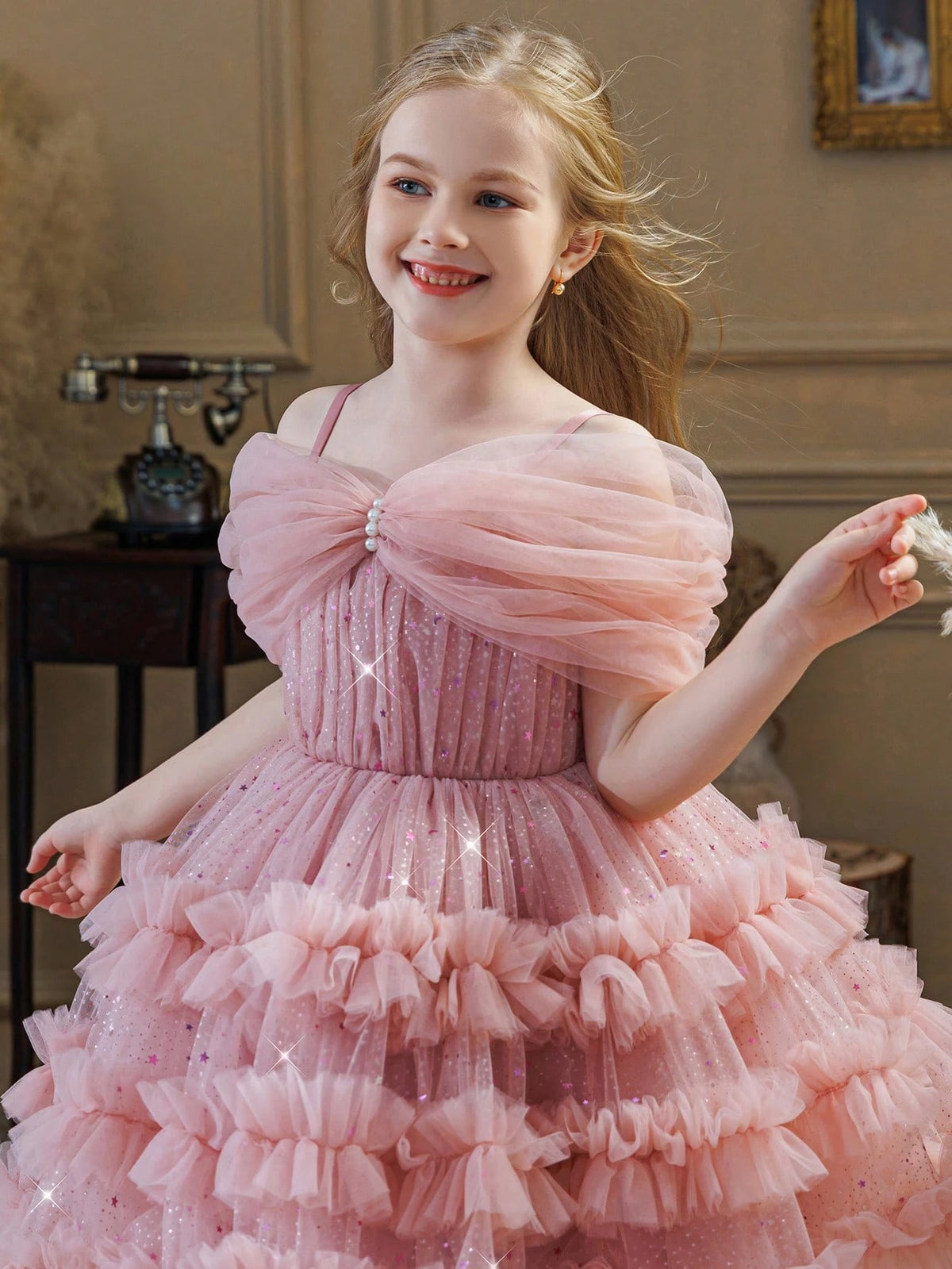 Young Girl Glitter Puff Mesh Floral Print Ball Dress