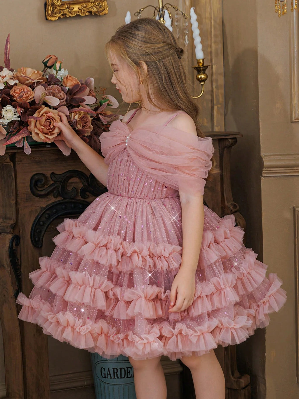 Young Girl Glitter Puff Mesh Floral Print Ball Dress