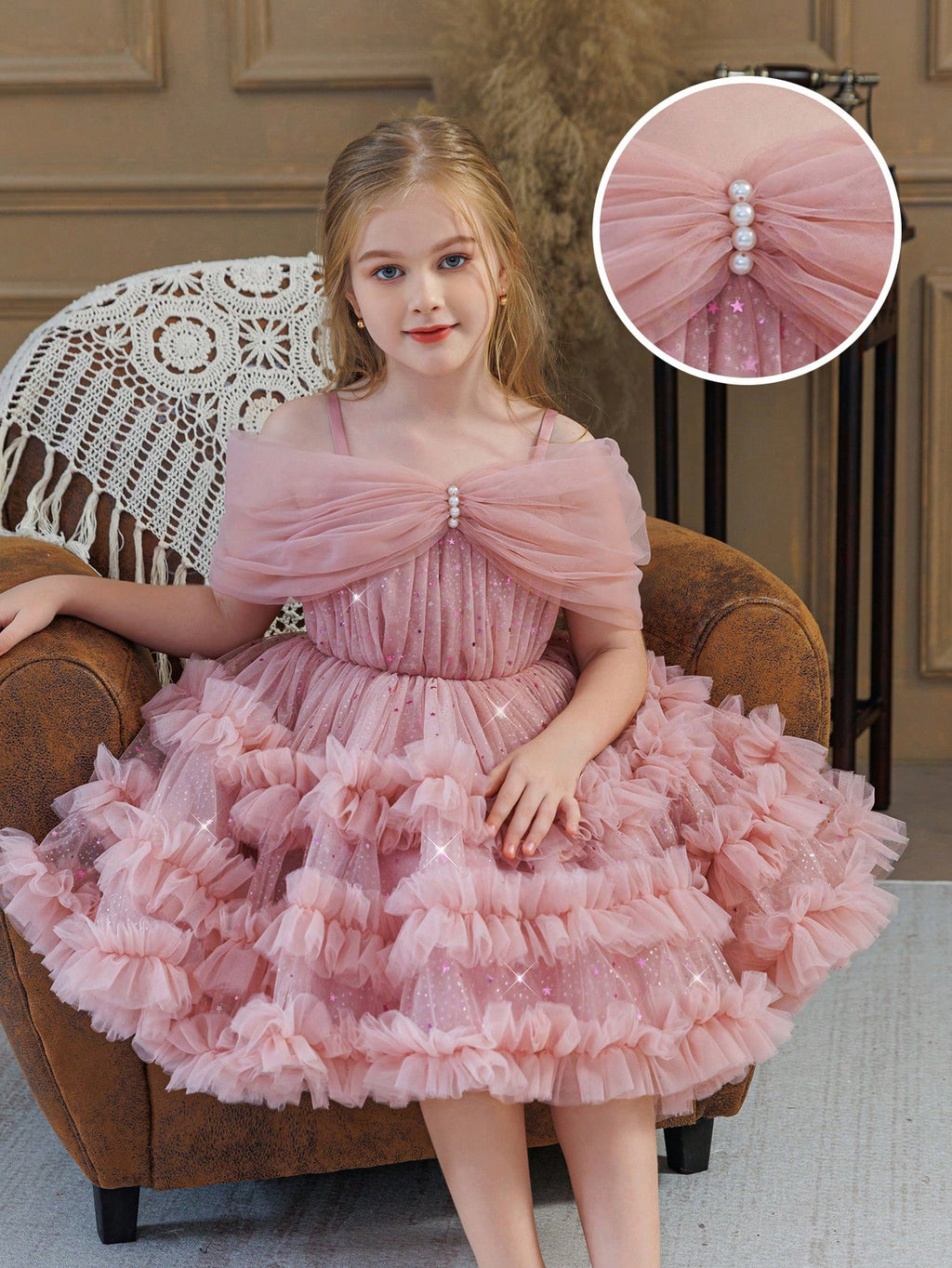 Young Girl Glitter Puff Mesh Floral Print Ball Dress