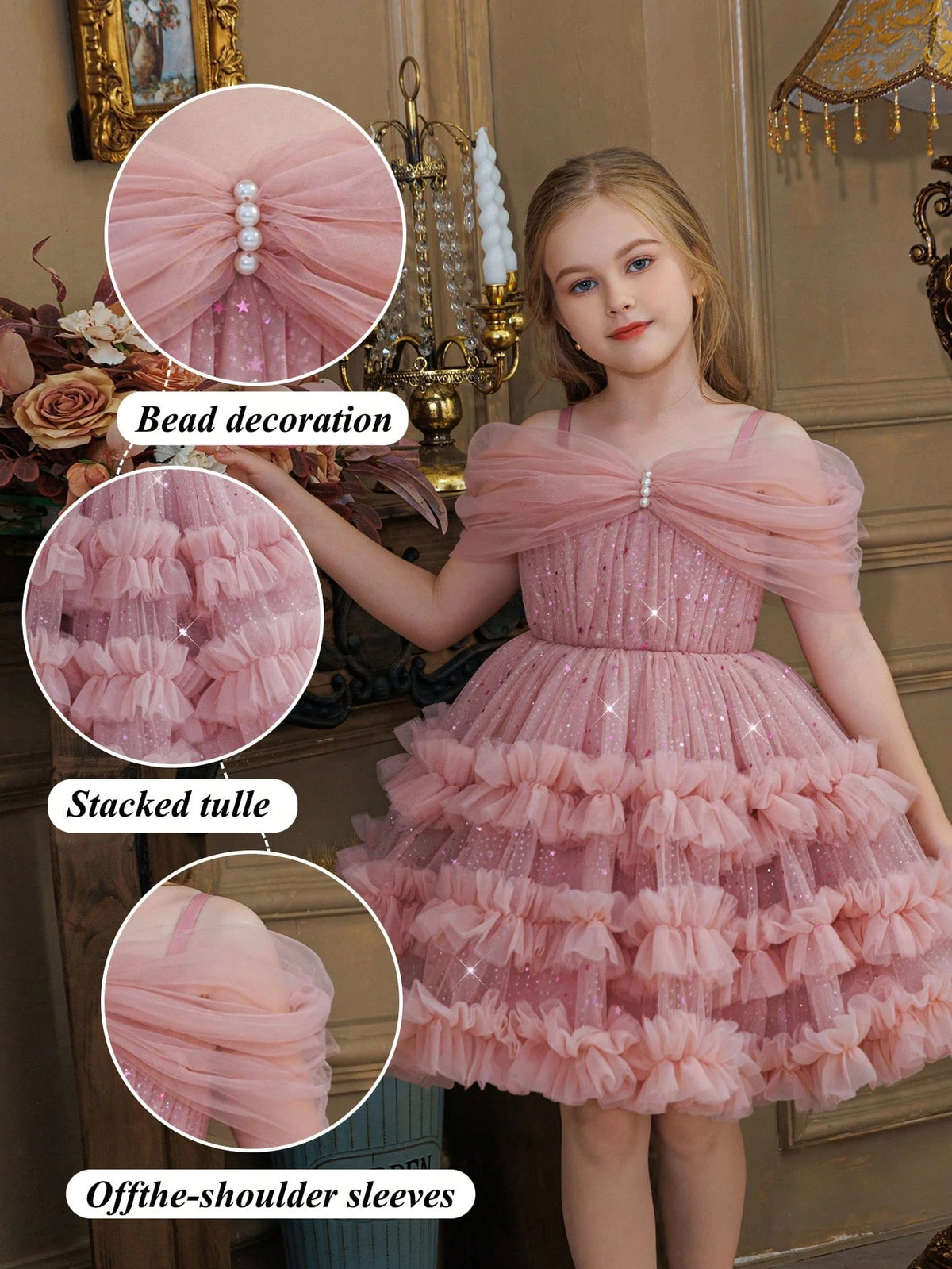 Young Girl Glitter Puff Mesh Floral Print Ball Dress