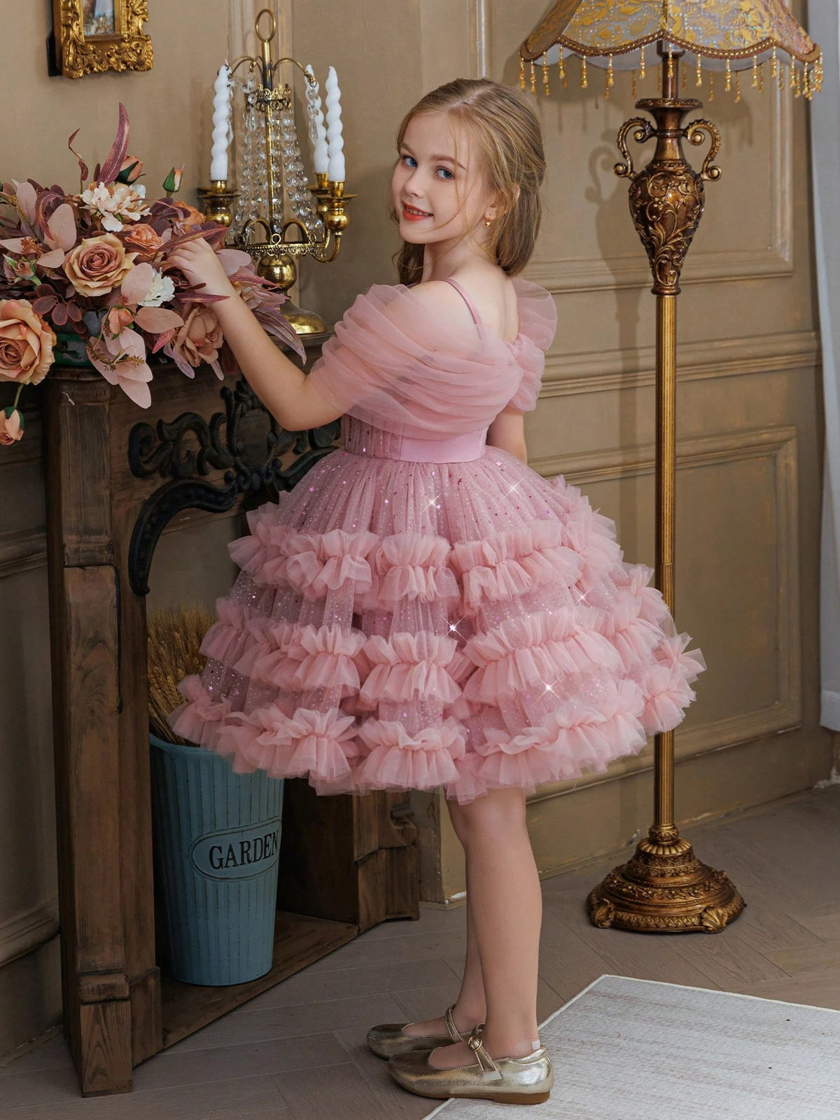 Young Girl Glitter Puff Mesh Floral Print Ball Dress