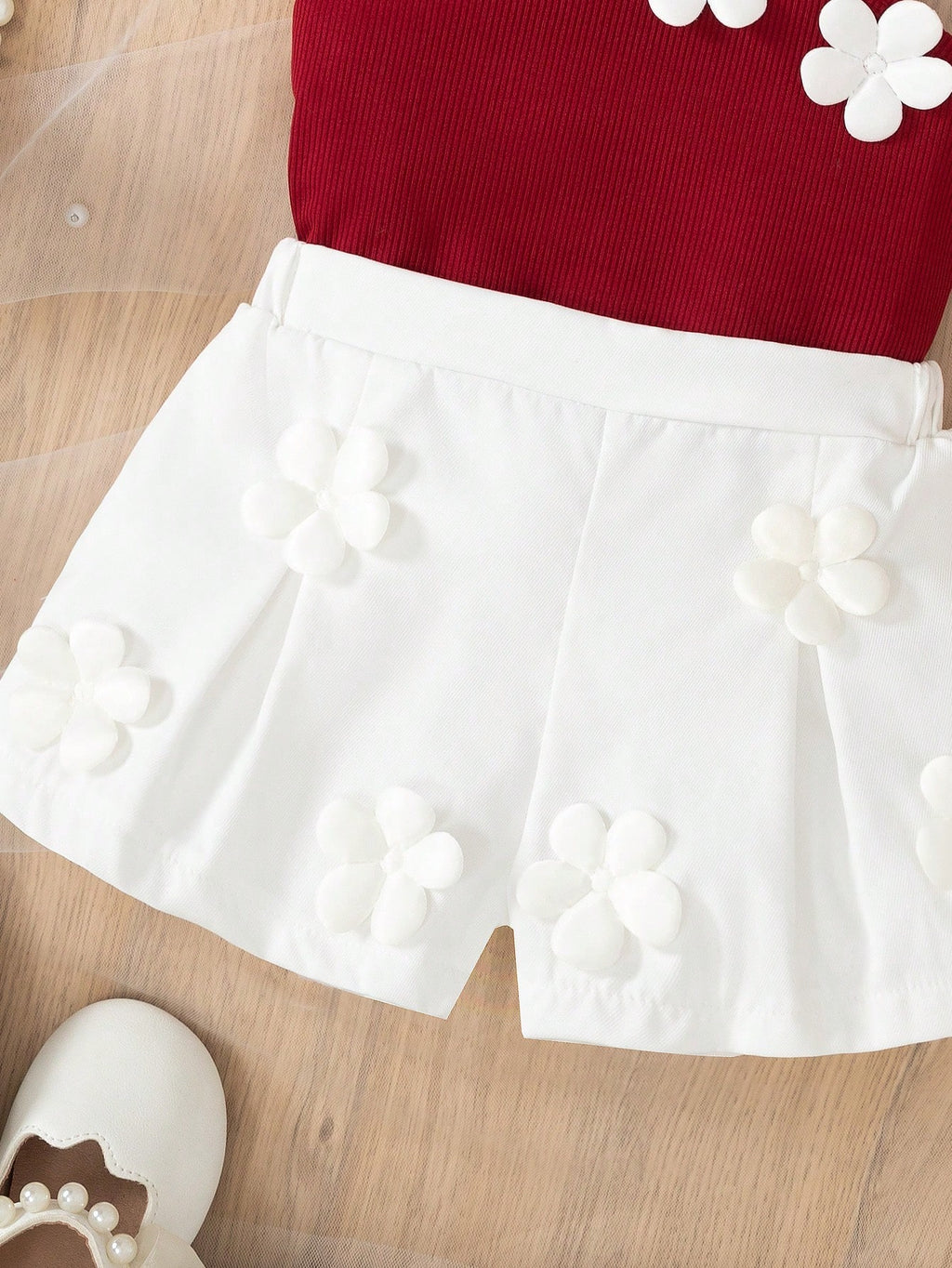 Baby Girl 3D Floral Vest & Shorts Set Red Burgundy