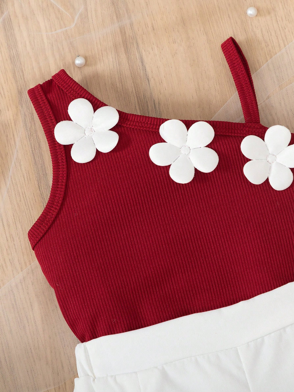 Baby Girl 3D Floral Vest & Shorts Set Red Burgundy