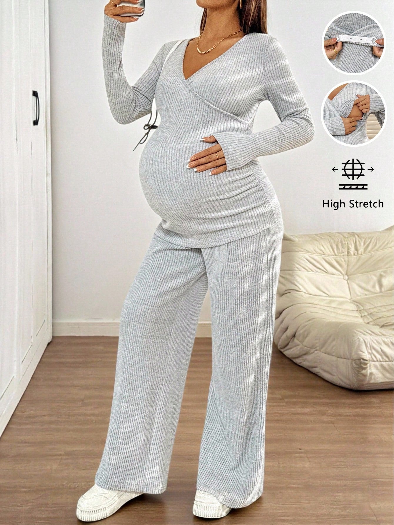 Maternity Ribbed Nursing Top & Adjustable Pants 2-Piece Set Grey
