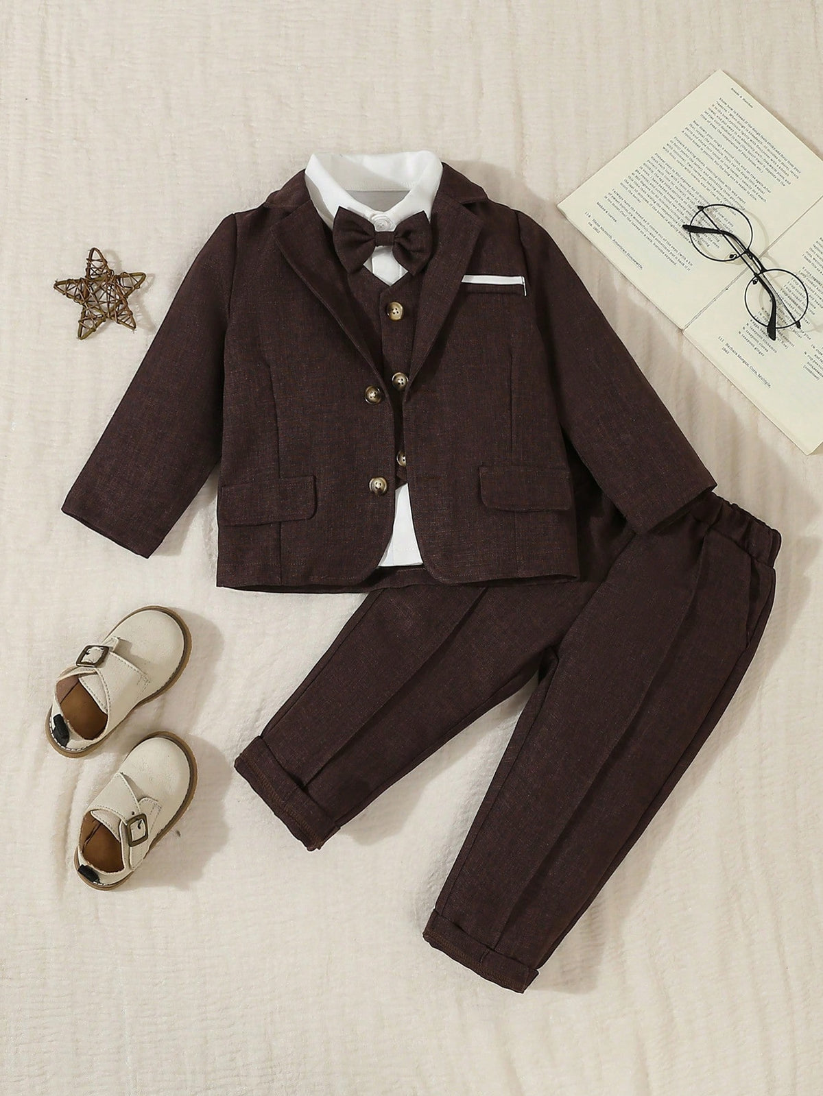 Young Boy Blazer Vest Shirt Bowknot Pants 4 Piece Set