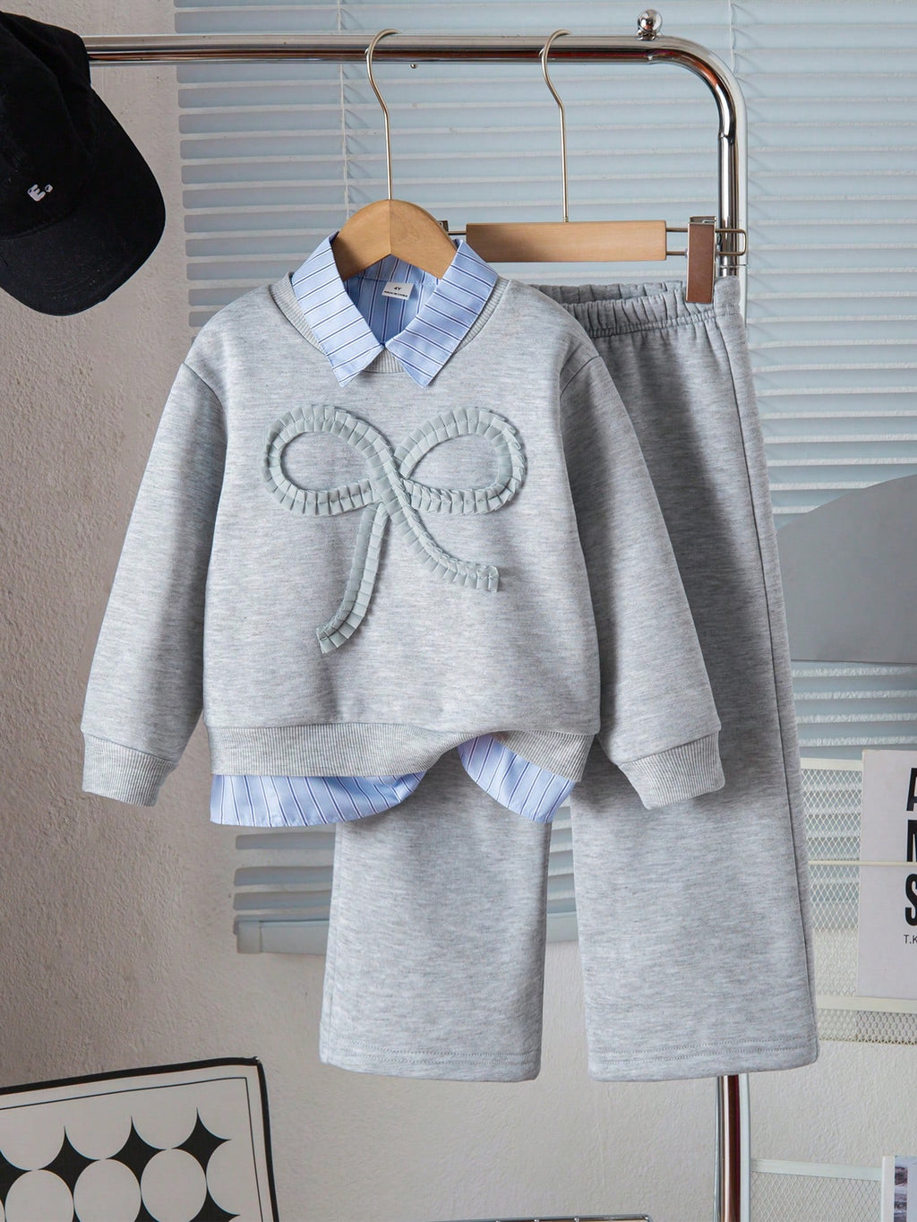 Young Girl Detachable Collar Top Wide Leg Pants 2 Piece Set