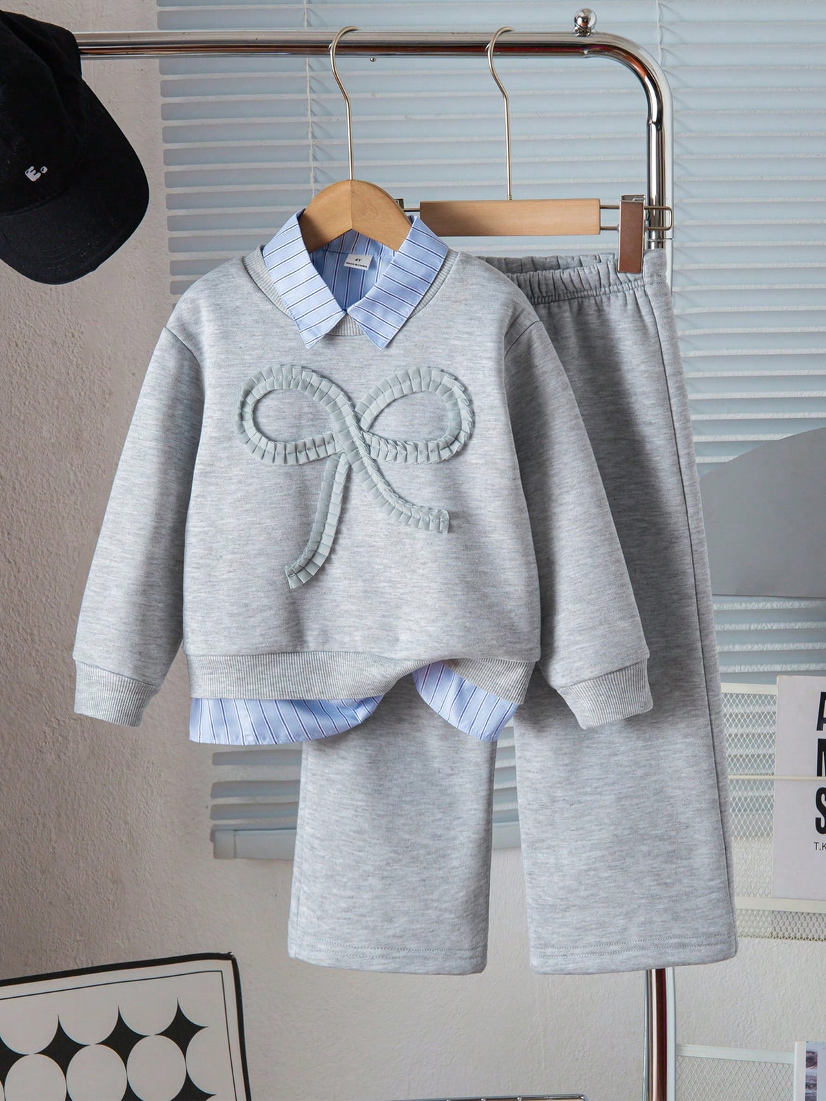 Young Girl Detachable Collar Top Wide Leg Pants 2 Piece Set
