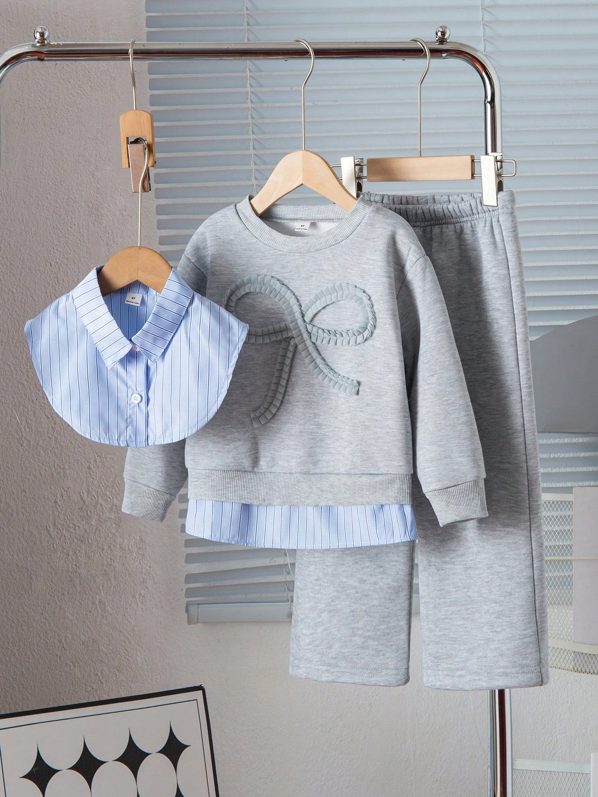 Young Girl Detachable Collar Top Wide Leg Pants 2 Piece Set