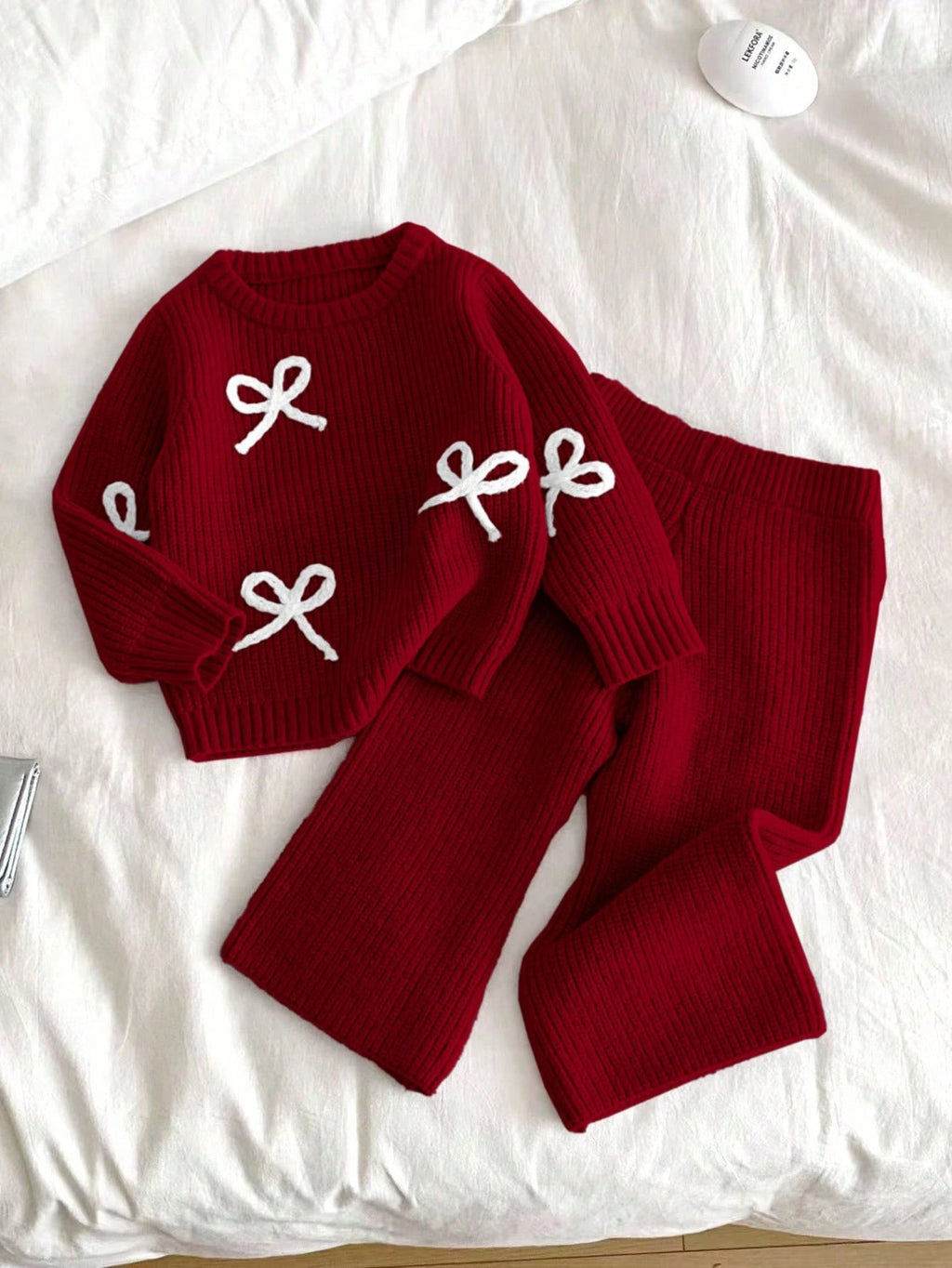 Young Girl Bow Knit Sweater Flare Pants 2 Piece Set