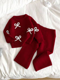 Young Girl Bow Knit Sweater Flare Pants 2 Piece Set