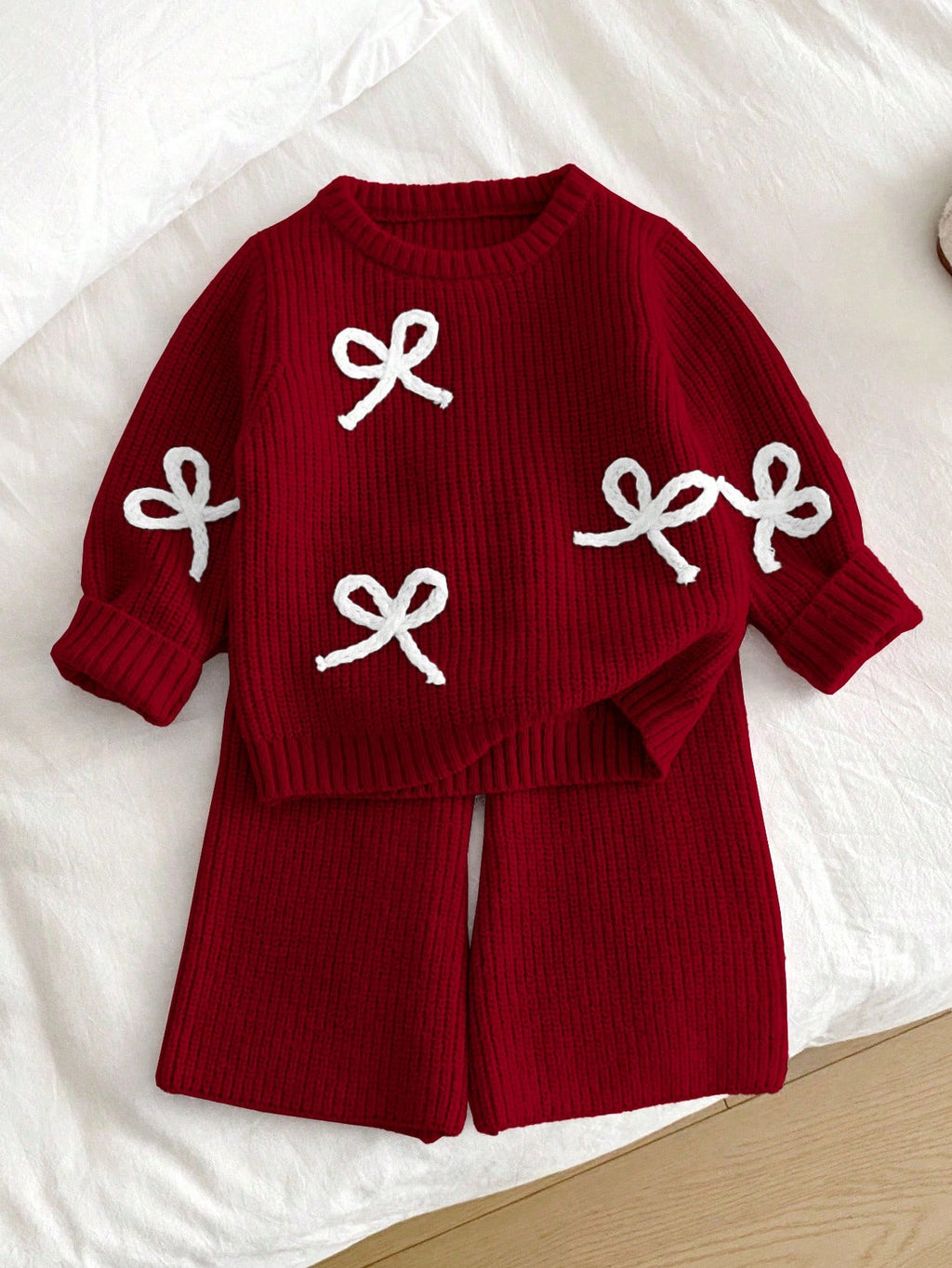 Young Girl Bow Knit Sweater Flare Pants 2 Piece Set