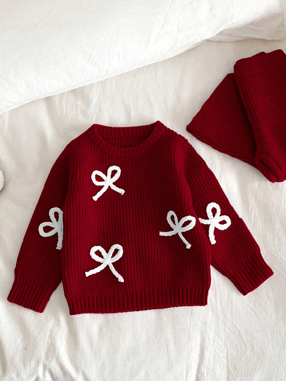Young Girl Bow Knit Sweater Flare Pants 2 Piece Set