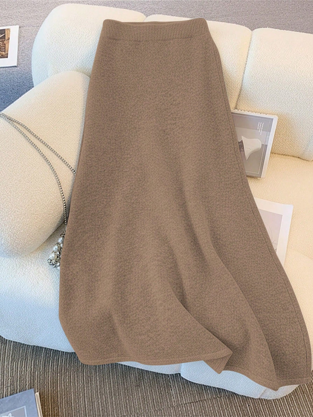 Women's Khaki Chinese-Style Buttoned Knit Sweater And Midi Skirt Set