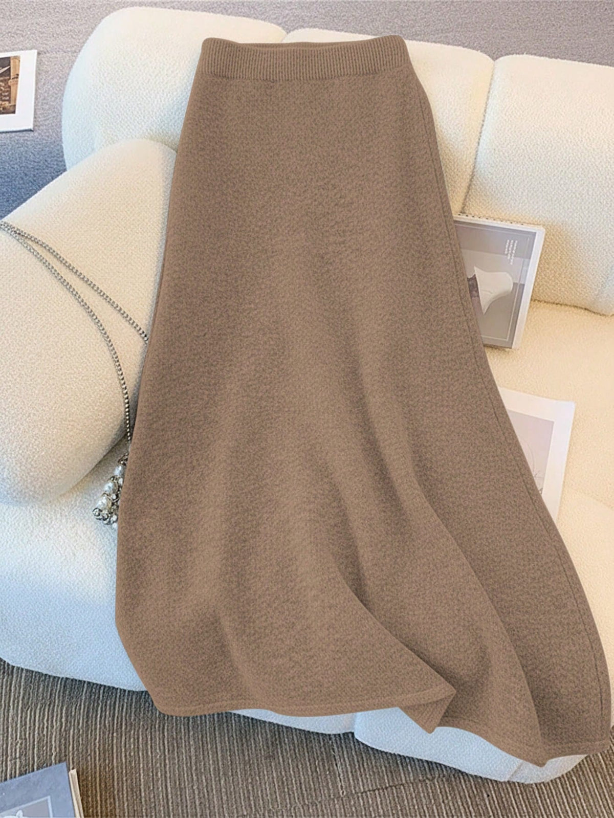 Women's Khaki Chinese-Style Buttoned Knit Sweater And Midi Skirt Set