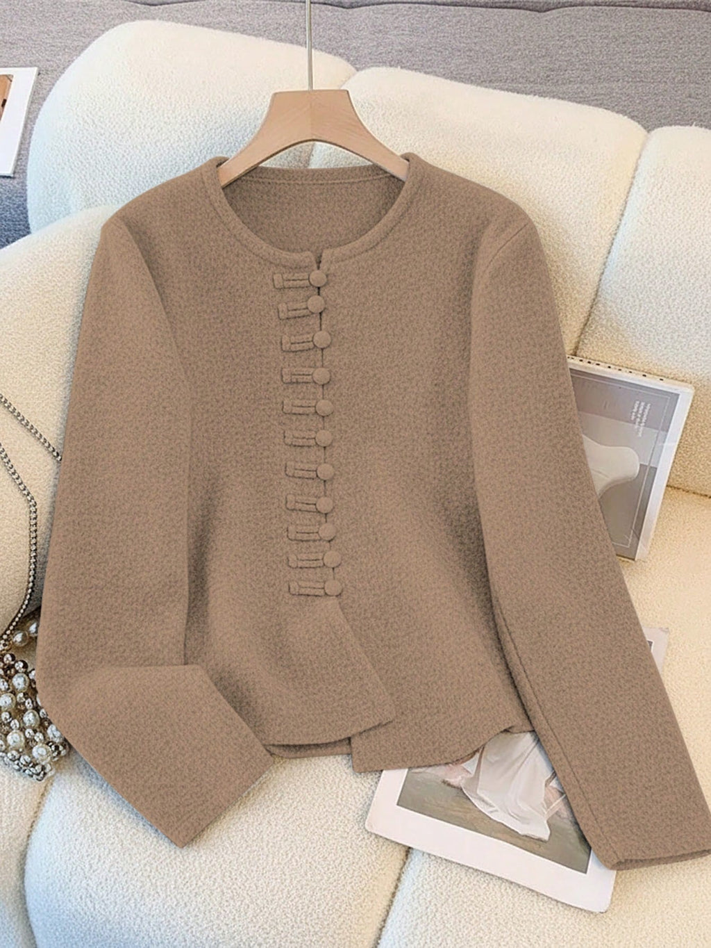Women's Khaki Chinese-Style Buttoned Knit Sweater And Midi Skirt Set