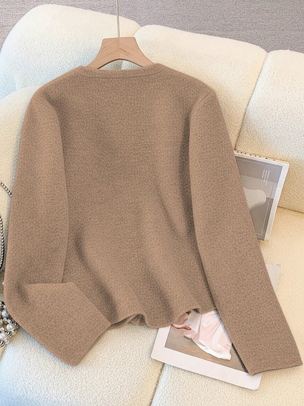 Women's Khaki Chinese-Style Buttoned Knit Sweater And Midi Skirt Set
