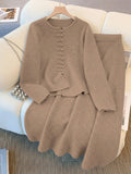 Women's Khaki Chinese-Style Buttoned Knit Sweater And Midi Skirt Set