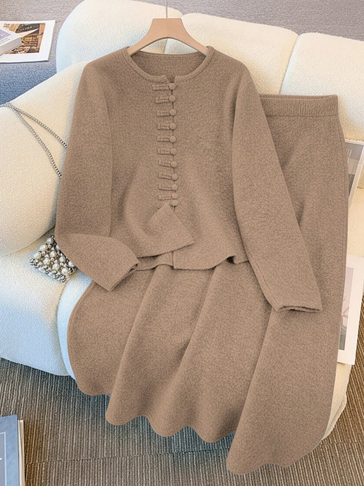 Women's Khaki Chinese-Style Buttoned Knit Sweater And Midi Skirt Set