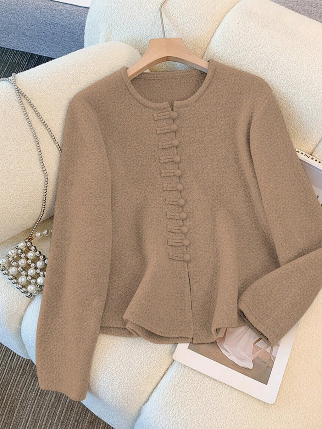 Women's Khaki Chinese-Style Buttoned Knit Sweater And Midi Skirt Set
