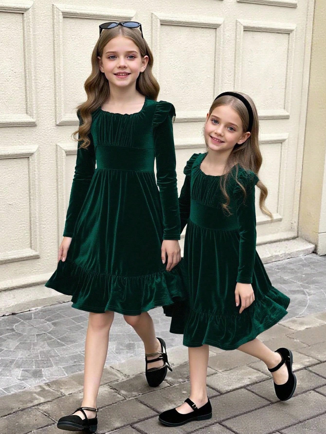 Girls' Dark Green Velvet Ruffle Dress