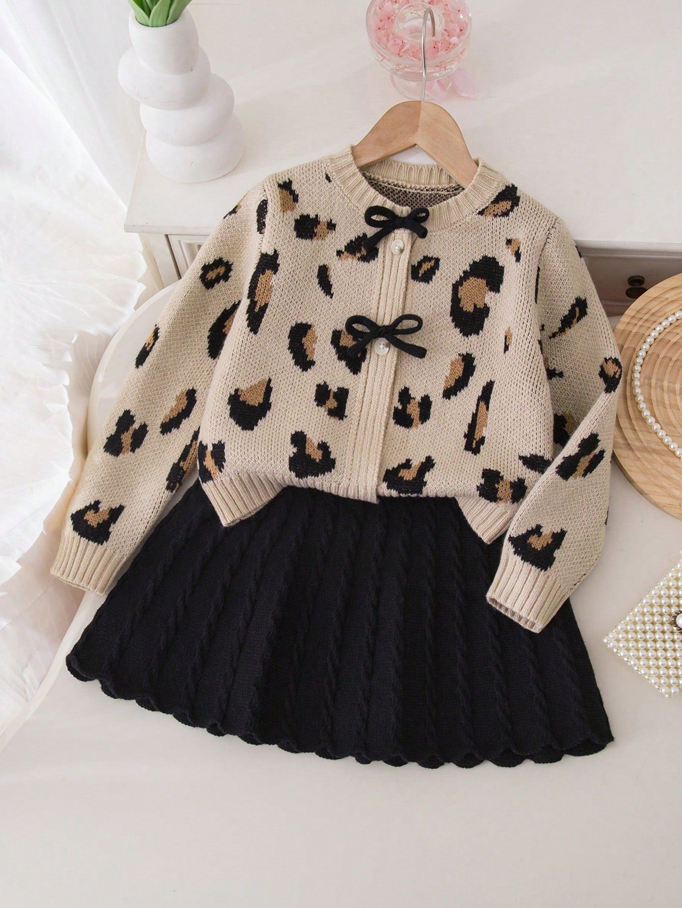 Ensemble Fille Cardigan Léopard Nœud & Jupe