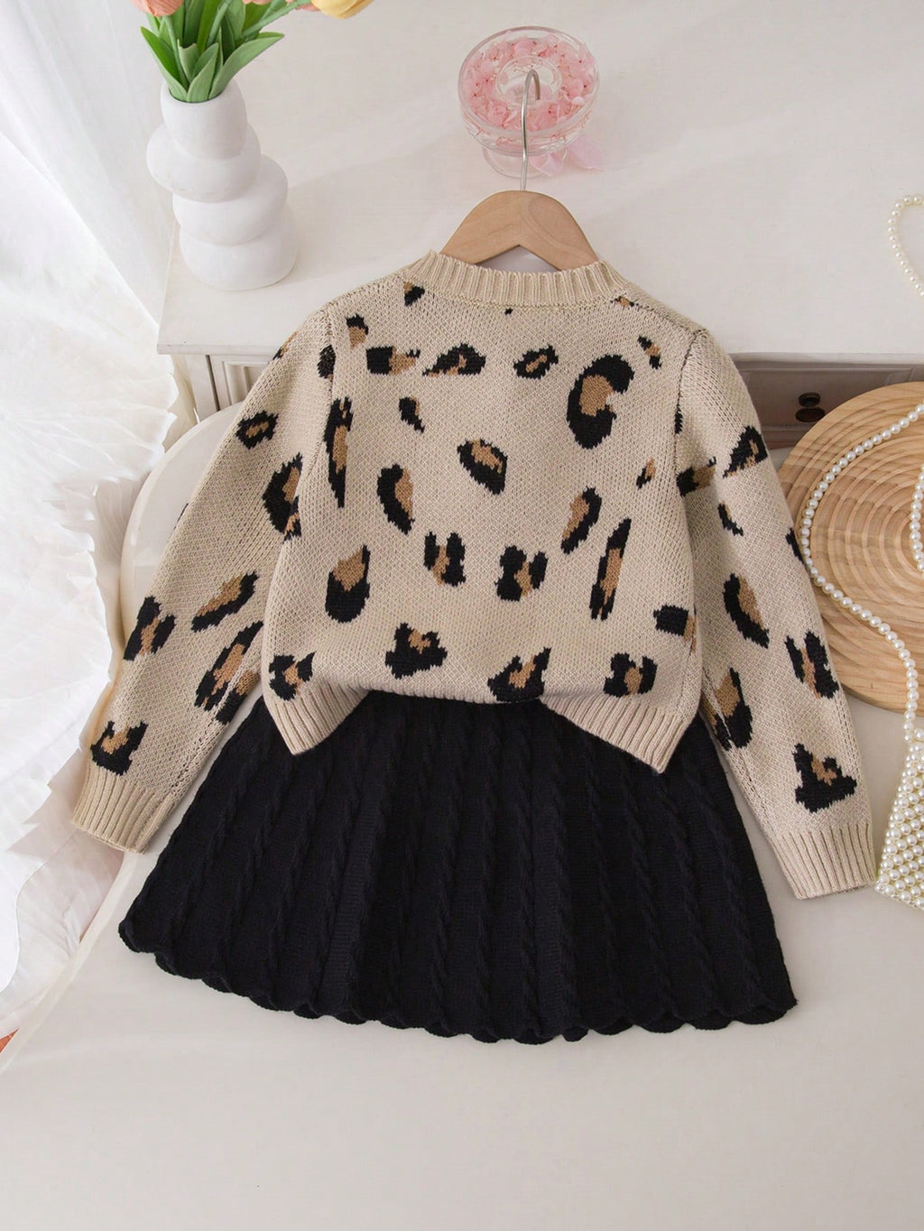 Ensemble Fille Cardigan Léopard Nœud & Jupe