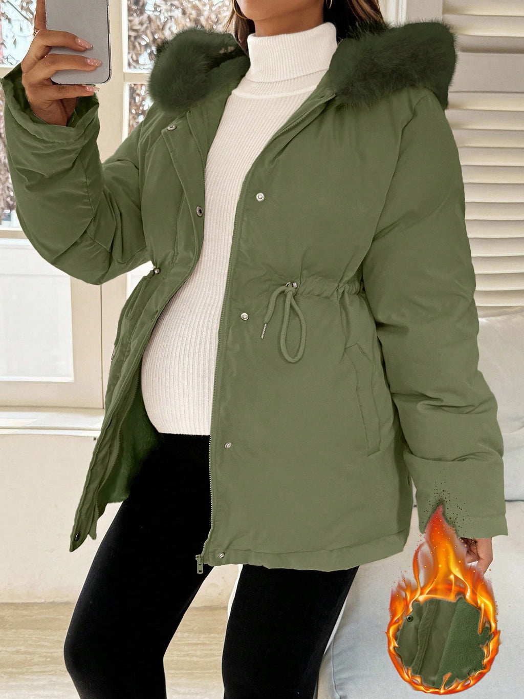 Maternity Army Green Faux-Fur Hooded Drawstring Waist Jacket