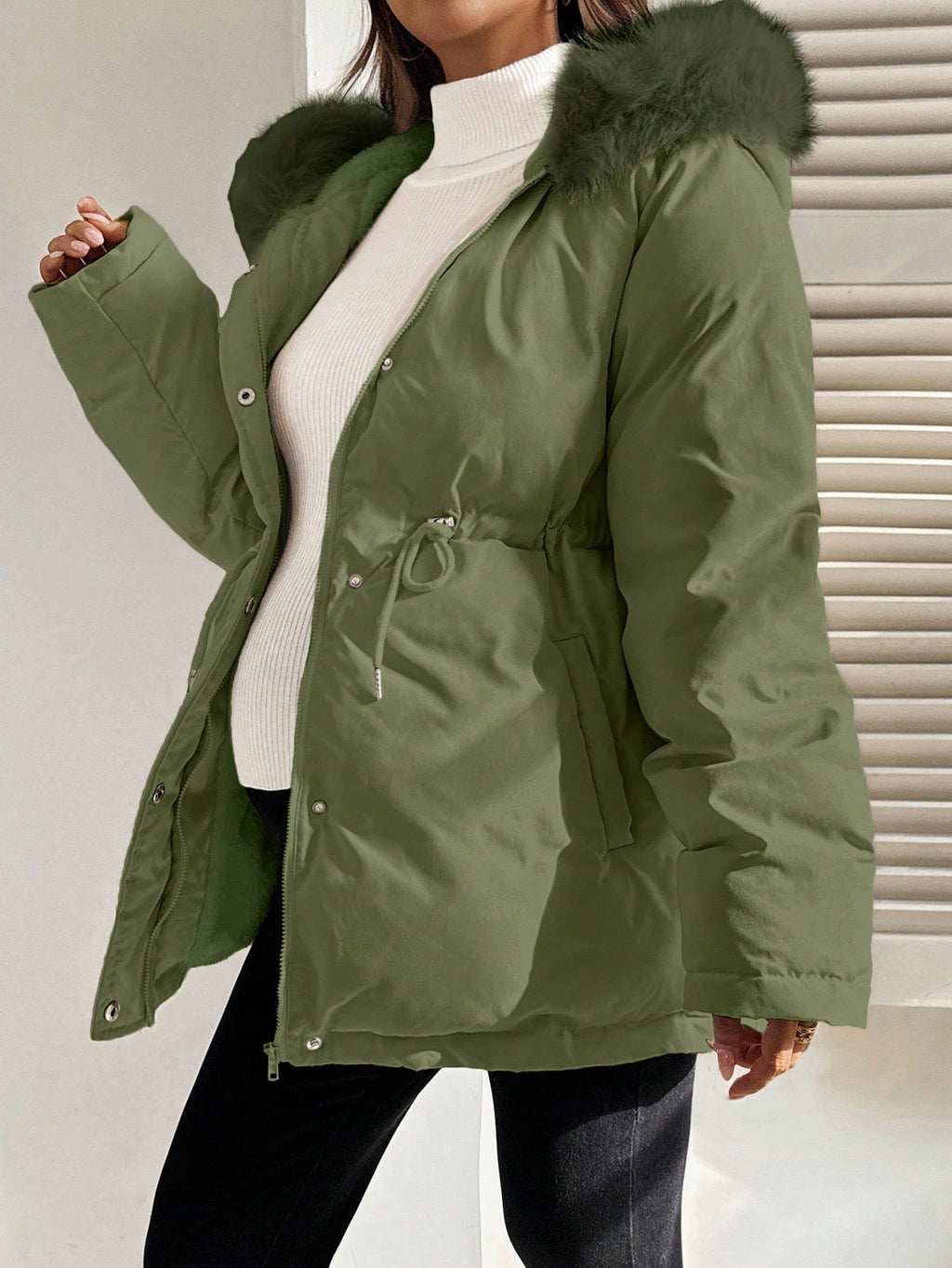 Maternity Army Green Faux-Fur Hooded Drawstring Waist Jacket