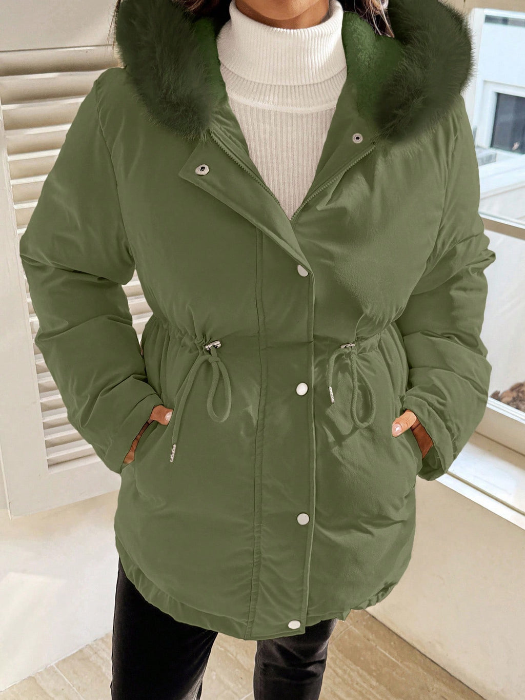 Maternity Army Green Faux-Fur Hooded Drawstring Waist Jacket