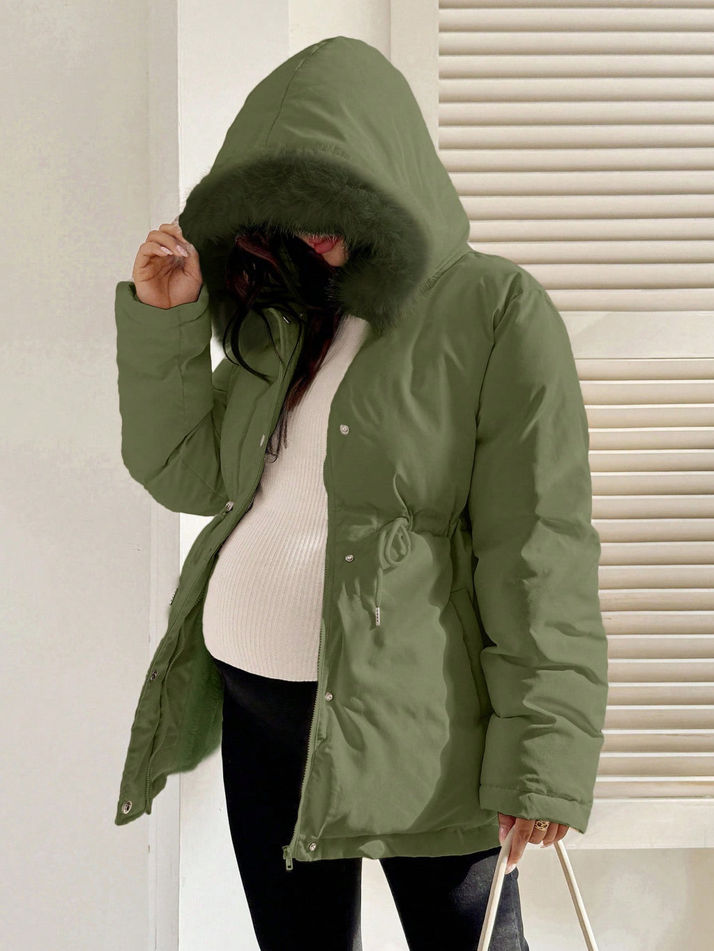 Maternity Army Green Faux-Fur Hooded Drawstring Waist Jacket