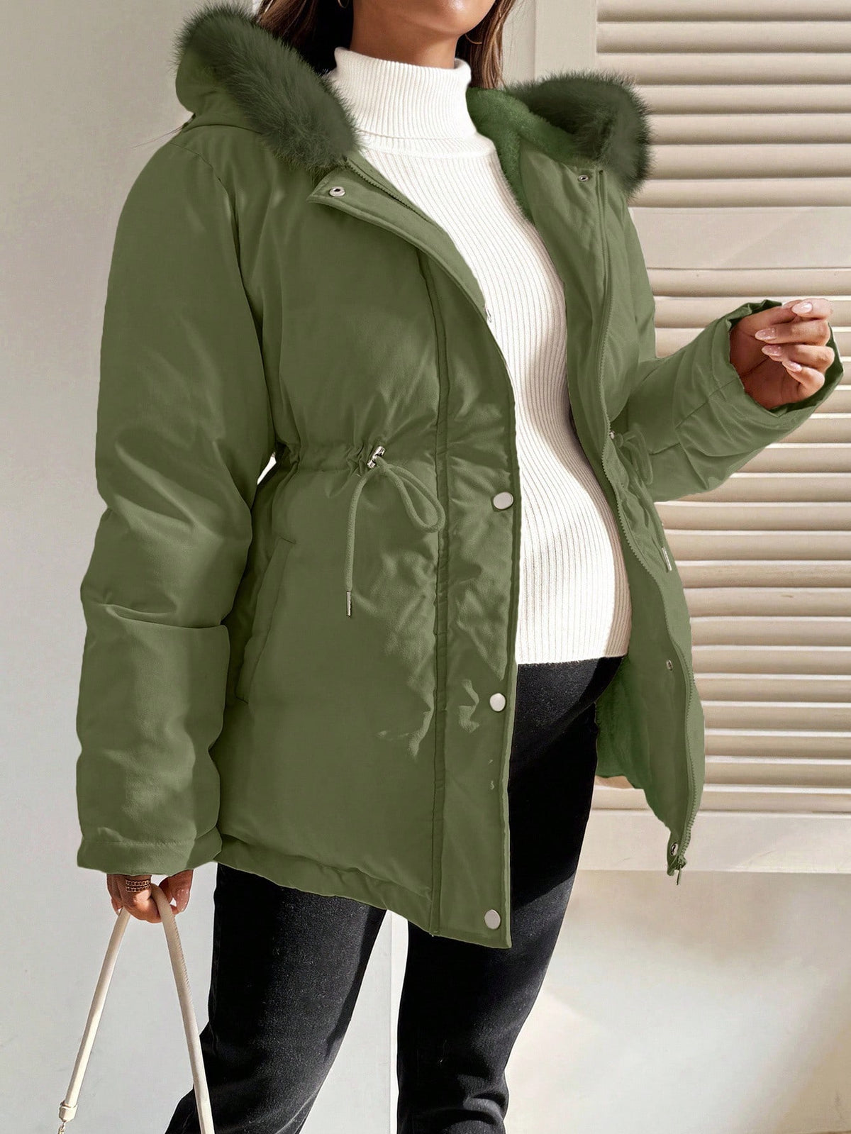 Maternity Army Green Faux-Fur Hooded Drawstring Waist Jacket
