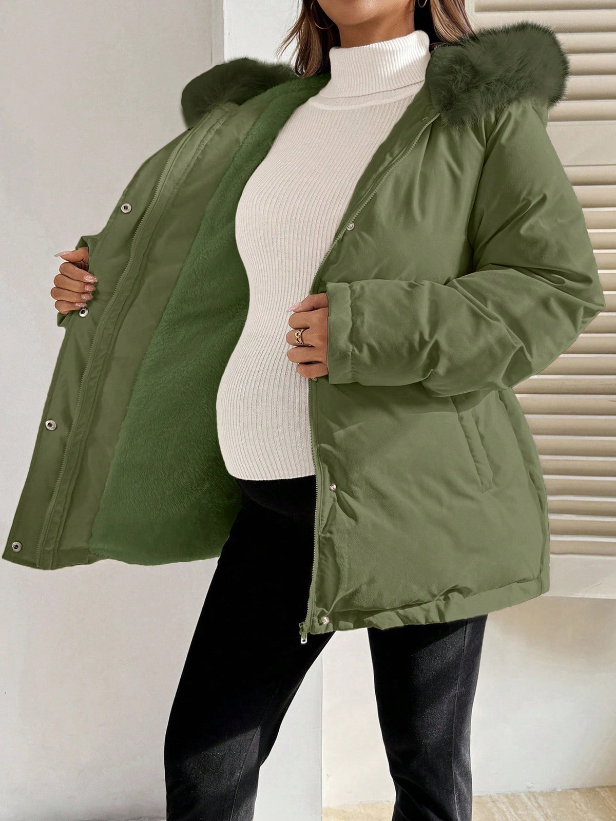 Maternity Army Green Faux-Fur Hooded Drawstring Waist Jacket