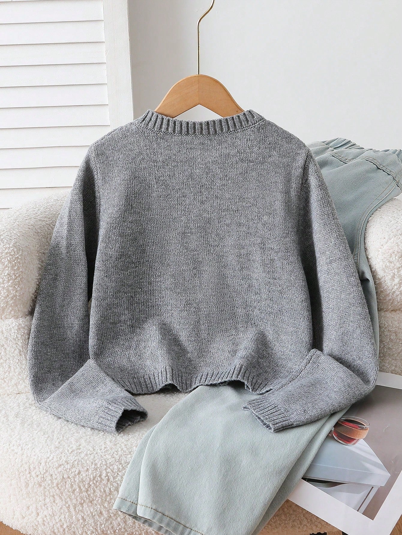 SHEIN Explorewe Fashionable Handmade Bow Knitted Cardigan, Grey Autumn Cute Back-To-School Long Sleeve Tween Girl Sweater Jacket School Button Clothes Light Grey