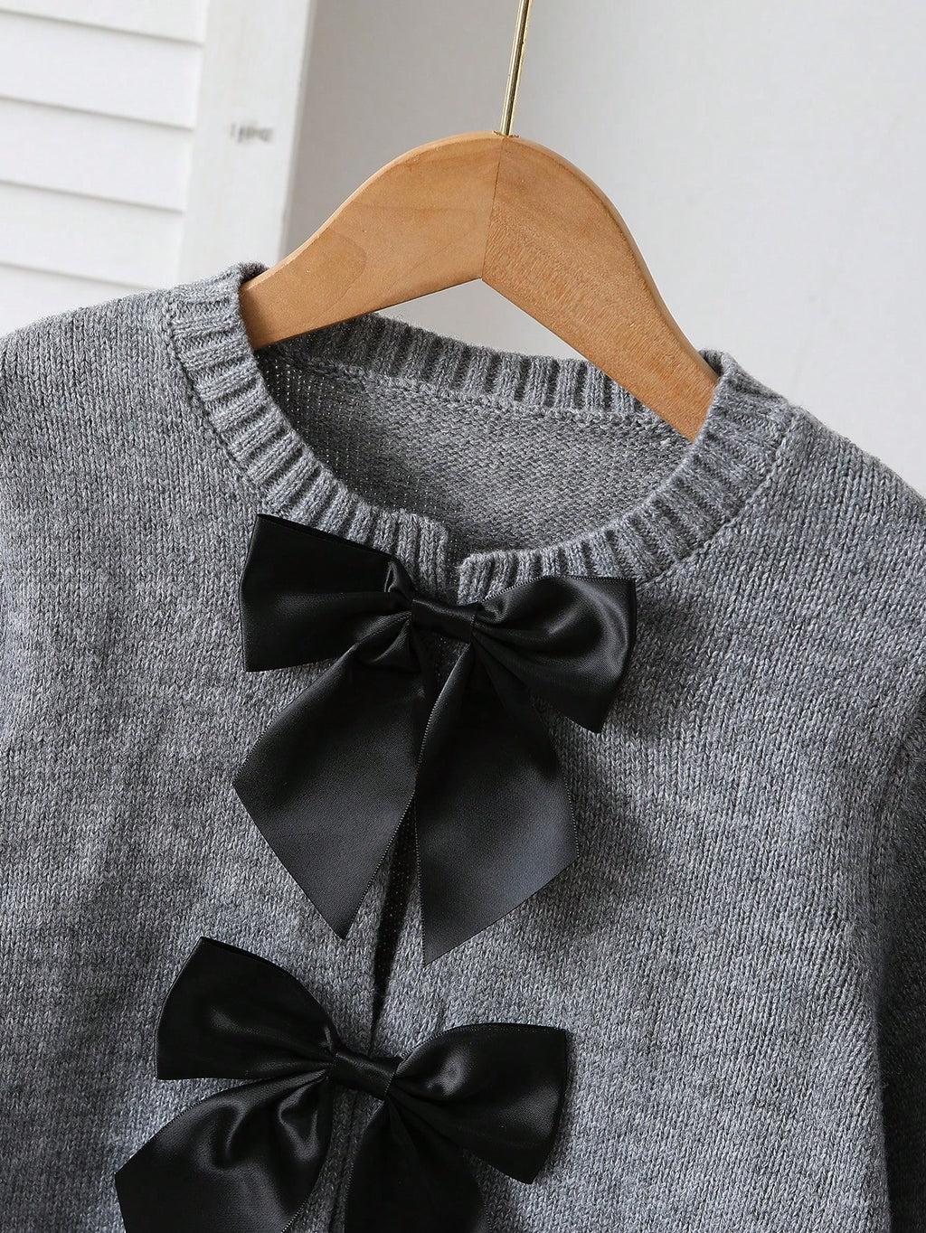 SHEIN Explorewe Fashionable Handmade Bow Knitted Cardigan, Grey Autumn Cute Back-To-School Long Sleeve Tween Girl Sweater Jacket School Button Clothes Light Grey