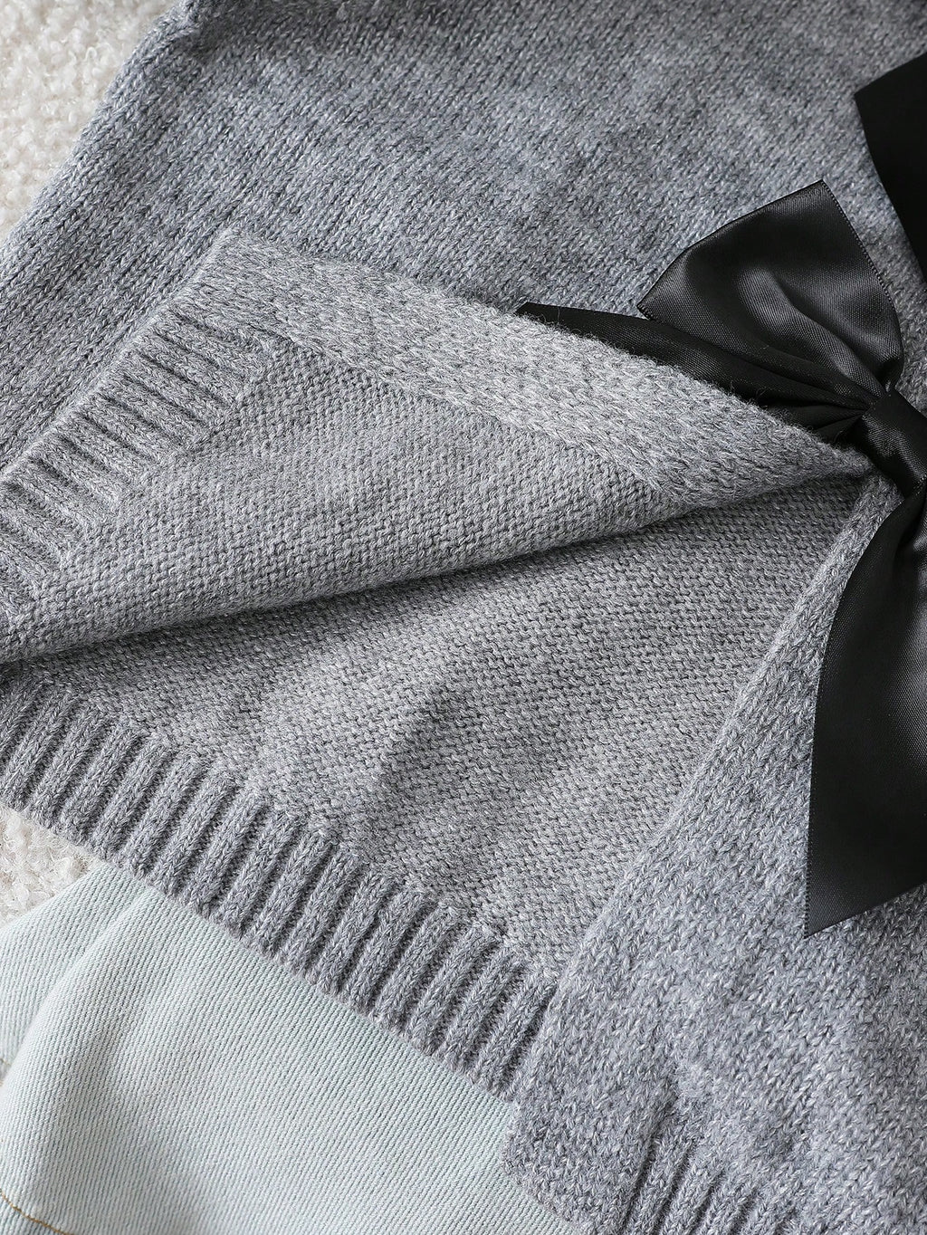 SHEIN Explorewe Fashionable Handmade Bow Knitted Cardigan, Grey Autumn Cute Back-To-School Long Sleeve Tween Girl Sweater Jacket School Button Clothes Light Grey