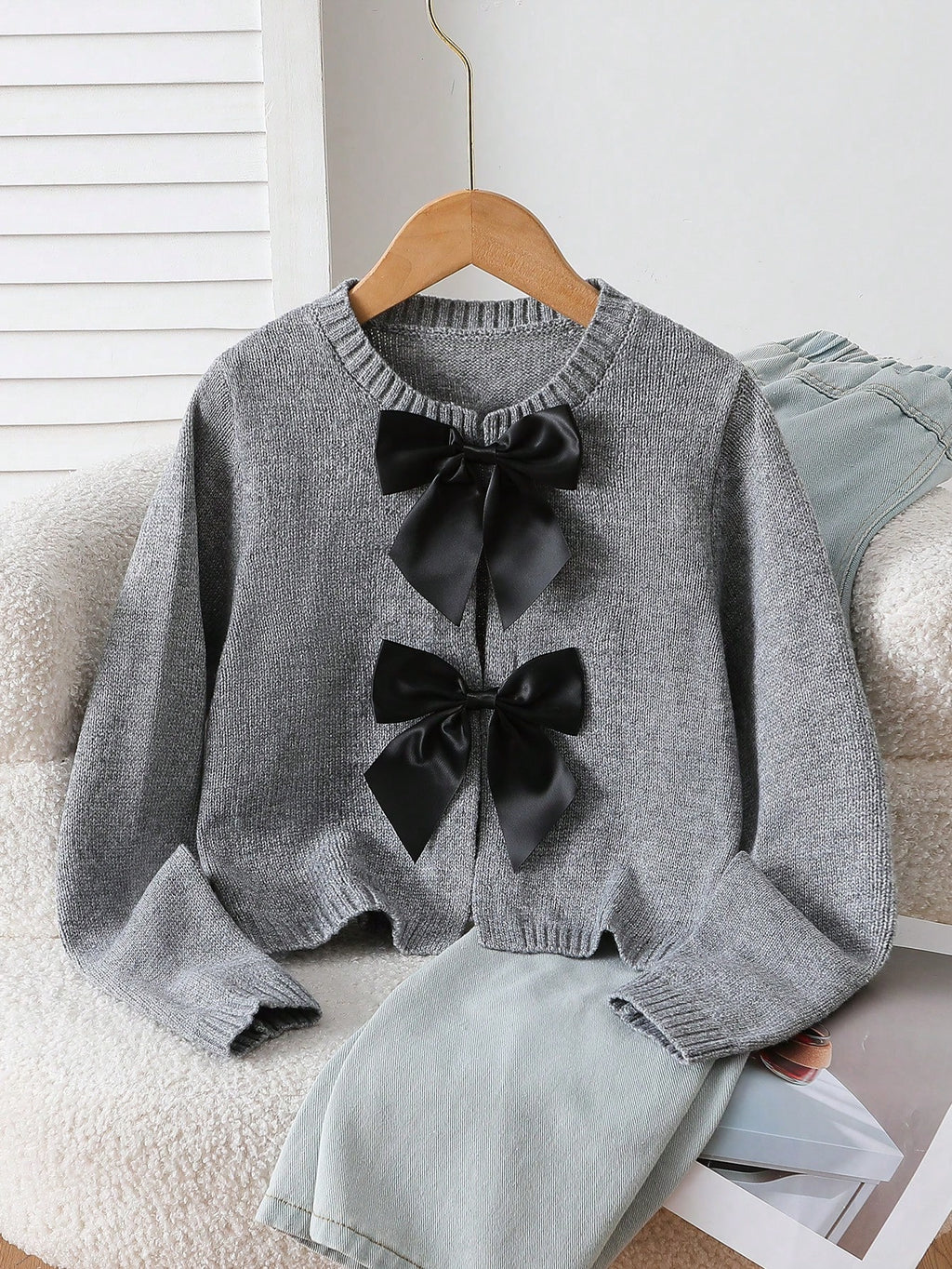 SHEIN Explorewe Fashionable Handmade Bow Knitted Cardigan, Grey Autumn Cute Back-To-School Long Sleeve Tween Girl Sweater Jacket School Button Clothes Light Grey