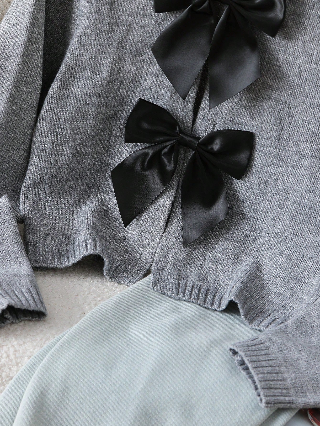 SHEIN Explorewe Fashionable Handmade Bow Knitted Cardigan, Grey Autumn Cute Back-To-School Long Sleeve Tween Girl Sweater Jacket School Button Clothes Light Grey