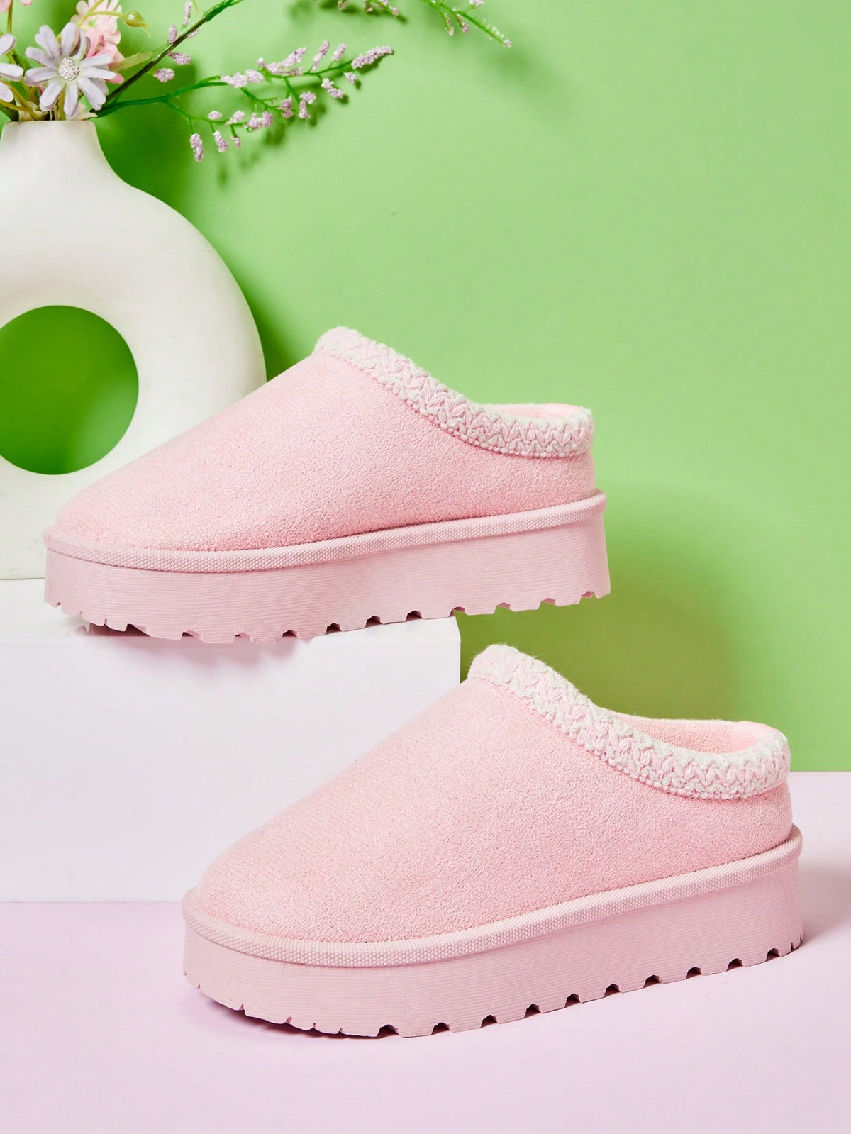 Mini mi Kids' Braided Collar Suede Fabric Slip-On Platform Clogs