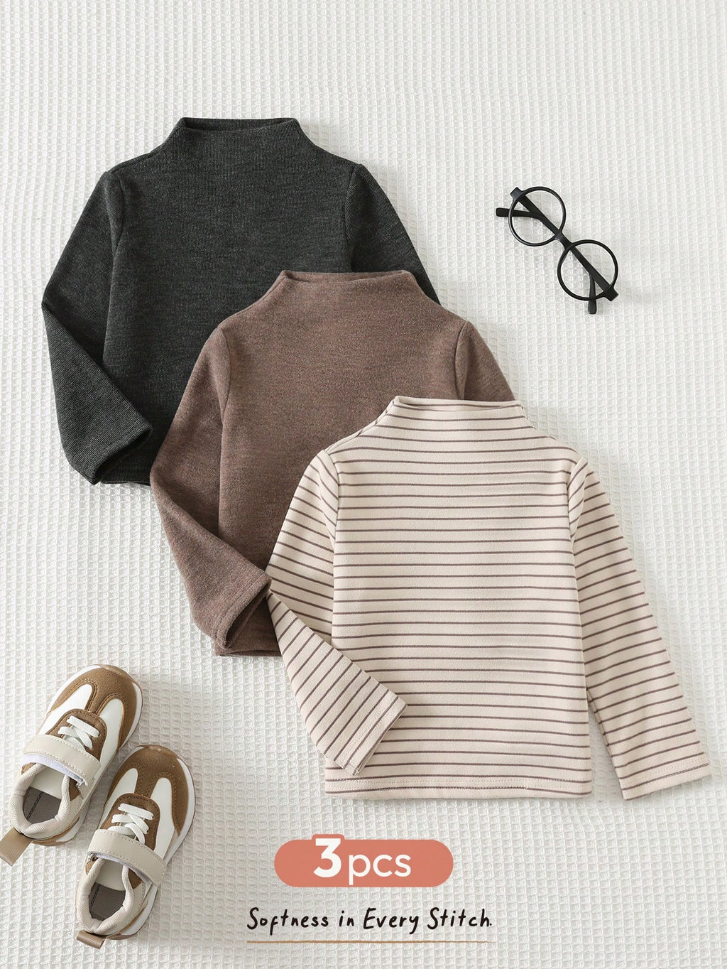 Ensemble de 3 hauts en maille unis et rayés Bambinoo x Cozy Pixies pour garçons