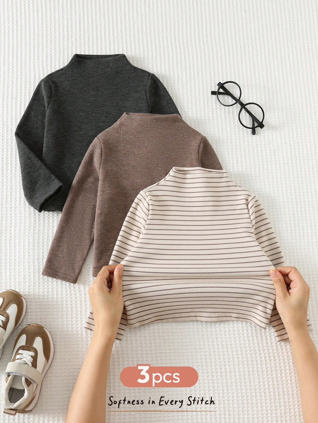 Ensemble de 3 hauts en maille unis et rayés Bambinoo x Cozy Pixies pour garçons